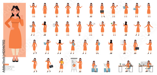 Big Set of Indian businesswoman wear orange dress character vector illustration design. Presentation in various action. People working in office planning, thinking and economic analysis.