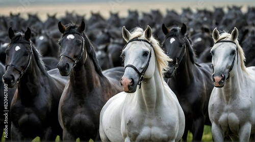 Photo of many dark colored horses with one white horse in the front.