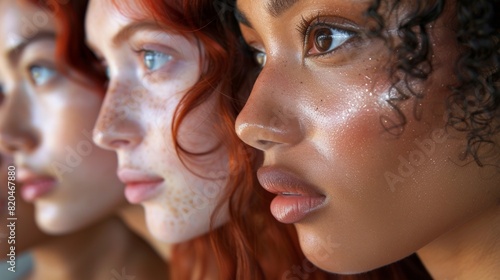A stunning close-up shot of a diverse group of women with flawless, radiant skin, each showcasing a different makeup look that highlights their unique beauty.