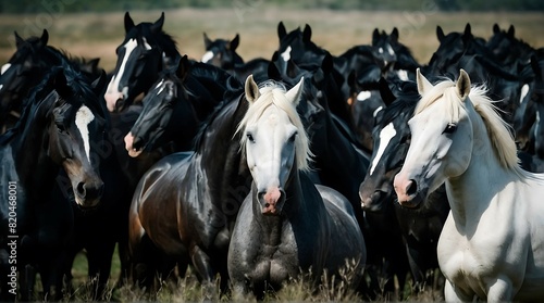 Photo of many dark colored horses with one white horse in the front. © ASGraphicsB24