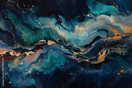 A vibrant abstract organic form that blends fluid, realistic, and fantastical elements. Painting on Dark Background with Gold Brush Strokes