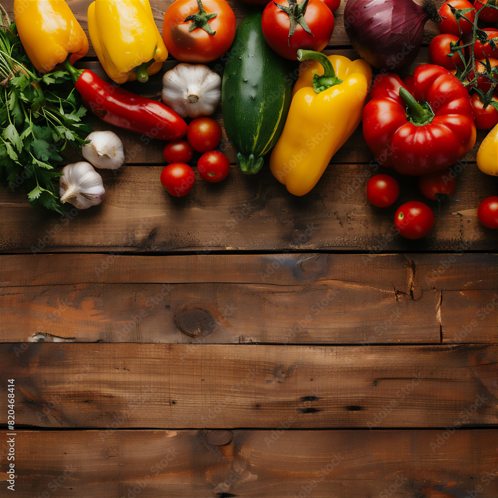 Various vegetable on wood plank table with flat lay angle view and copy space Various vegetable on wood plank table with flat lay angle view and copy space