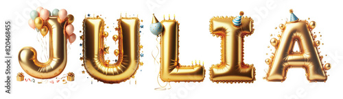 Julia Letters - Golden Balloon, 3D - Isolated on Transparent or White Background PNG - Best for Birthday Illustration Design