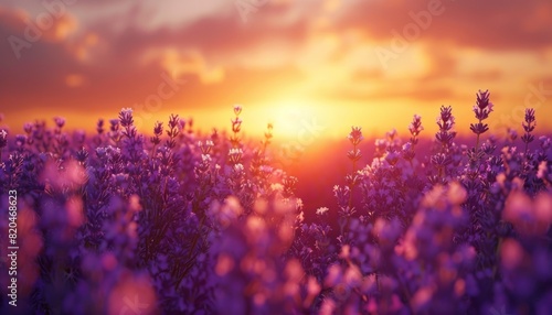 Lavender Fields at Sunset, Capture the serene beauty of lavender fields bathed in the warm hues of a setting sun