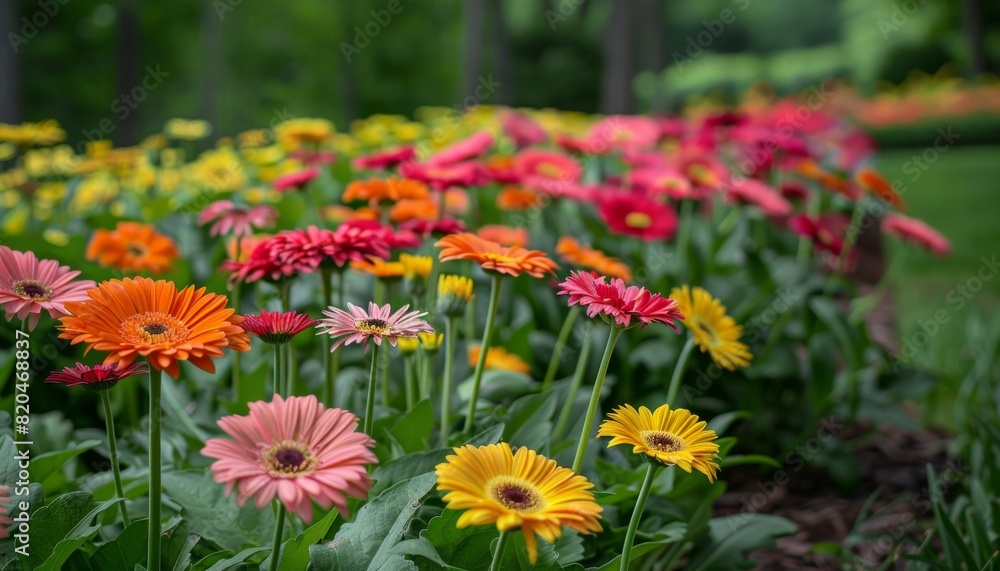 Gerbera Garden Delight, Photograph a picturesque garden filled with rows of Gerbera daisies blooming in a variety of colors against a backdrop of lush greenery Gerbera Garden Delight, Photograph a picturesque garden filled with rows of Gerbera daisies blooming in a variety of colors against a backdrop of lush greenery