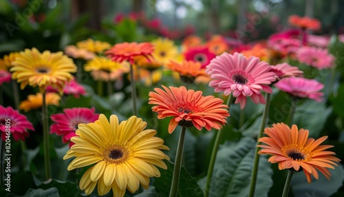Gerbera Garden Delight  Photograph a picturesque garden filled with rows of Gerbera daisies blooming in a variety of colors against a backdrop of lush greenery