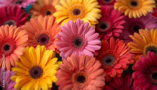 Vibrant Gerbera Bouquet  Capture a close-up shot of a vibrant bouquet of Gerbera daisies in various colors  such as pink  orange  yellow  and red