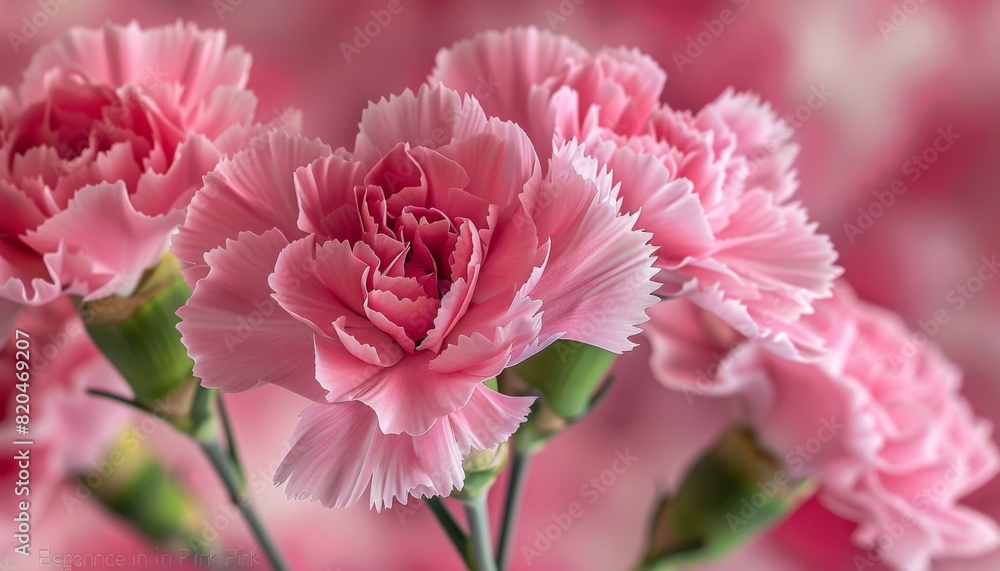 Elegance in Pink, This prompt suggests capturing carnations in varying shades of pink, showcasing their elegance and delicate beauty