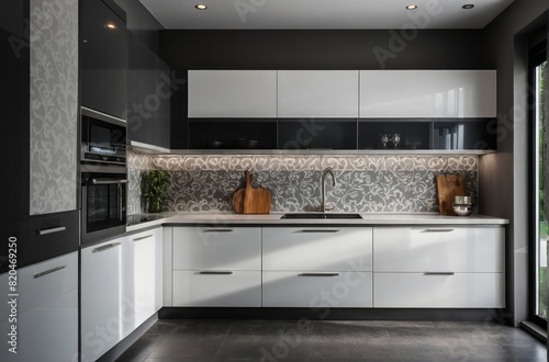 Modern Grey And White Parallel Kitchen Design With White Damask Kitchen Backsplash