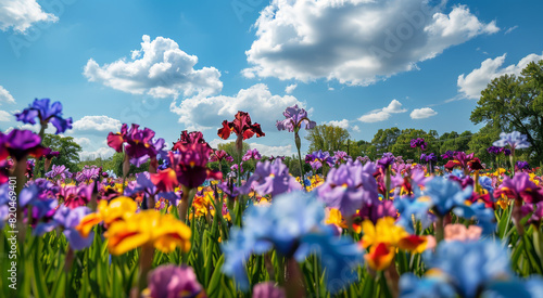 Beautiful Iris garden in full bloom  showcasing a variety of colors and patterns  This prompt encourages capturing a wide-angle shot of an Iris garden in its full glory  displaying