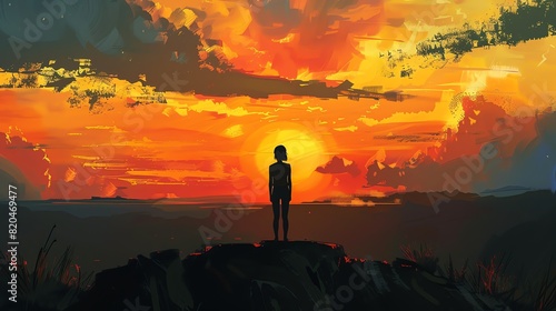 Lonely girl standing on a cliff watching the sunset. The sky is a bright orange and the water is a deep blue. photo