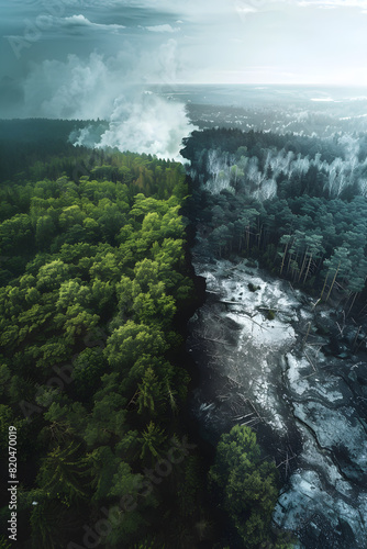 The Stark Contrast Between Healthy Green Forest and Polluted Dying Land