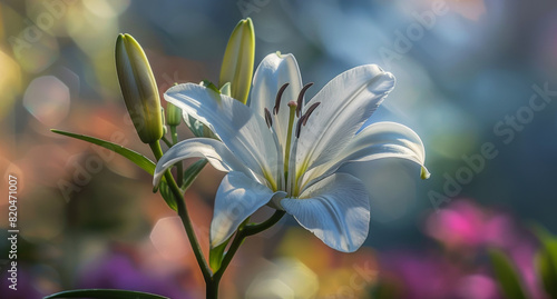 Elegant White Lily in Soft Focus Background, This prompt suggests capturing a white lily in soft focus against a blurred background