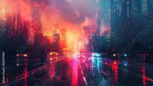 Digital landscape infused with vibrant glitch distortions and neon hues