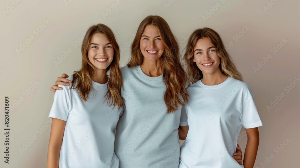 Beautiful mom with her two daughters wearing blank t-shirts in front of a plain background. Beautiful mom with her two daughters wearing blank t-shirts in front of a plain background.