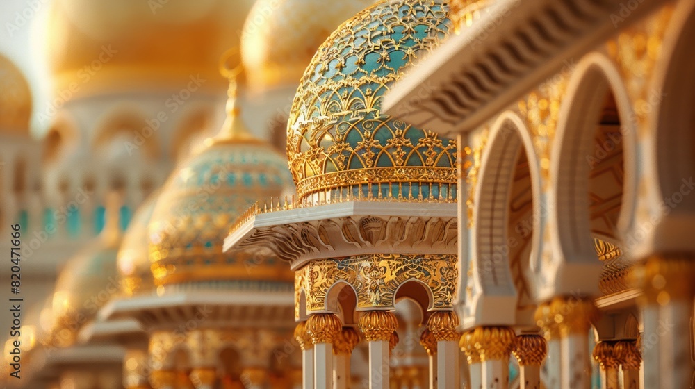 Obraz premium Golden tones highlight intricate details of majestic mosque model