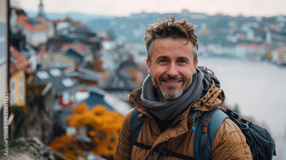 Happy male traveler wearing casual outdoor attire posing with a historical city view behind him Happy male traveler wearing casual outdoor attire posing with a historical city view behind him