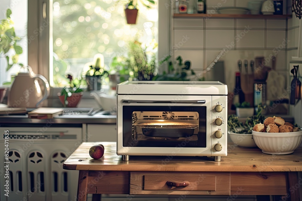 Small tabletop oven displayed on a beautiful wooden table with a blurred background Small tabletop oven displayed on a beautiful wooden table with a blurred background