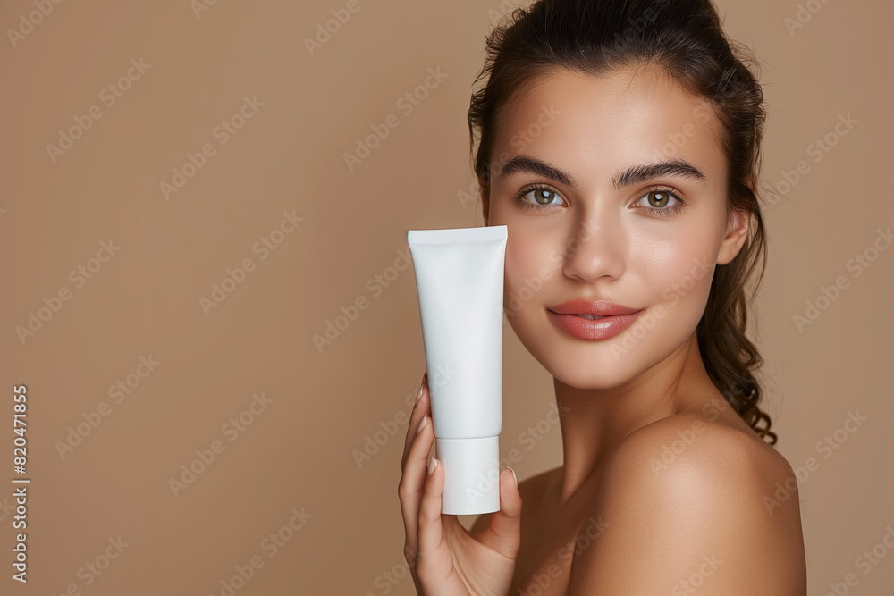 Young woman with healthy skin holding a white skincare product tube, beauty portrait with neutral background, skincare, and wellness concept. Young woman with healthy skin holding a white skincare product tube, beauty portrait with neutral background, skincare, and wellness concept.