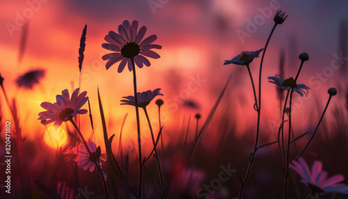 Sunset Silhouette with Daisies in Foreground Capture the enchanting silhouette of daisies against the backdrop of a mesmerizing sunset