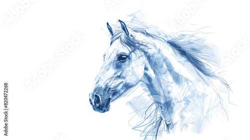 Equestrian sketch drawing of a blue portrait of a horse on a white background, generative Ai © Zoya