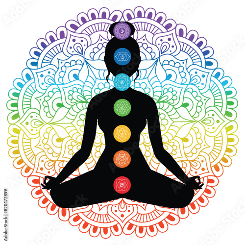 Seven chakras on meditating yogi woman silhouette,Human silhouette in yoga pose with chakras. vector illustration