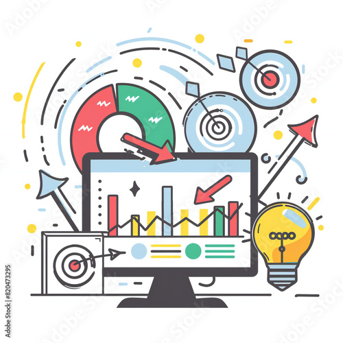 A digital marketing themed illustration of an online ad, featuring visual elements like arrows and charts to represent performance in a cartoon style