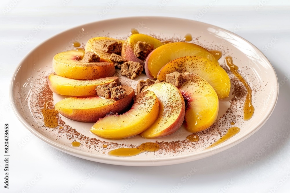 Peach and Amaretto Dessert with Cocoa Dusting and Drizzle Peach and Amaretto Dessert with Cocoa Dusting and Drizzle