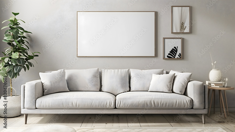Modern living room interior design with sofa and soft pillows. Interior in minimalist style with empty space for product presentation or text for advertising Modern living room interior design with sofa and soft pillows. Interior in minimalist style with empty space for product presentation or text for advertising