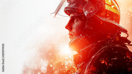 Close-up of a determined firefighter in full gear, surrounded by bright flames and smoke, representing bravery and heroism.