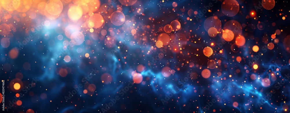 Fototapeta premium Abstract background with blue and orange light rays, futuristic digital design elements, and glowing dots on dark backdrop