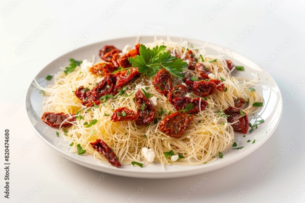 Tantalizing Sun-dried Tomato and Goat Cheese Angel Hair Pasta on White Plate Tantalizing Sun-dried Tomato and Goat Cheese Angel Hair Pasta on White Plate