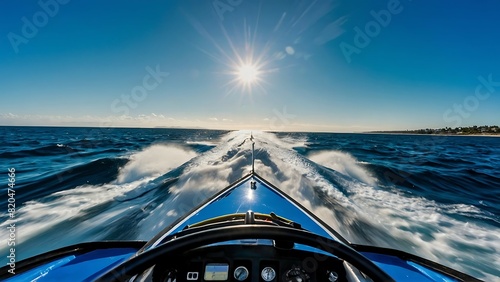 photo of speedboat cutting through the waves with the sun rising photo