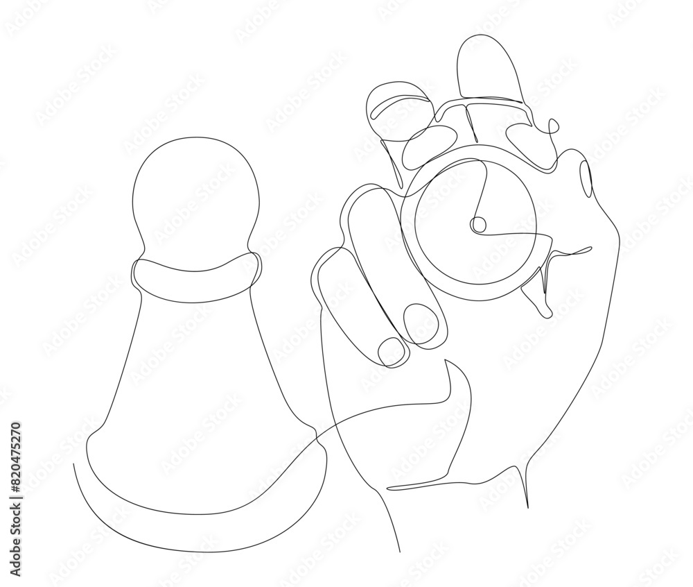 One continuous line of alarm clock with Chess Pawn. Thin Line Illustration vector concept. Contour Drawing Creative ideas. One continuous line of alarm clock with Chess Pawn. Thin Line Illustration vector concept. Contour Drawing Creative ideas.