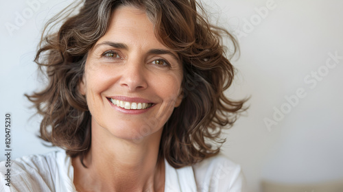 Smiling 50-Year-Old Brunette Woman with Short Curly Hair