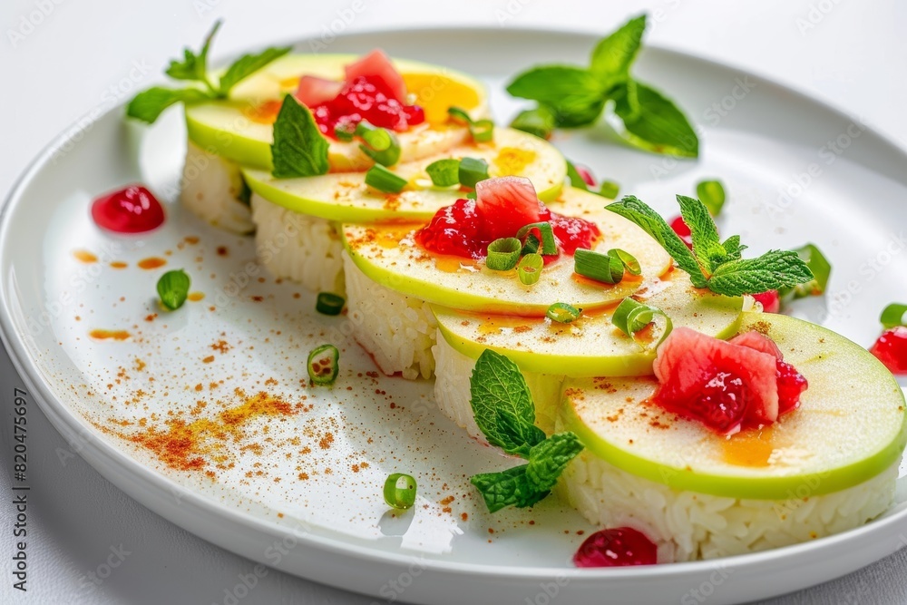 Charming Plating of Apple Sushi with Fresh Fruit and Tangy Preserves Charming Plating of Apple Sushi with Fresh Fruit and Tangy Preserves