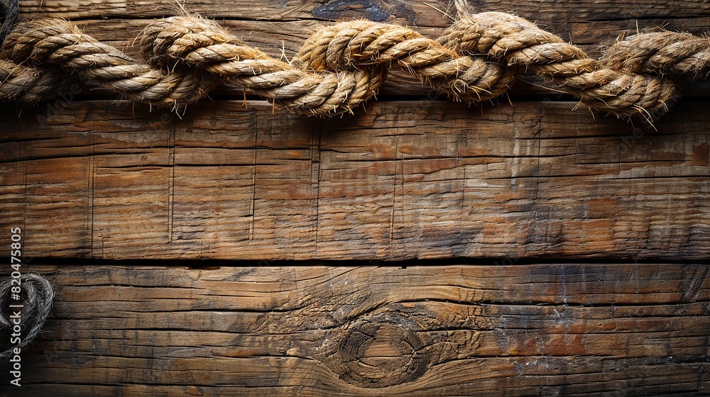 Rustic rope coils neatly on worn wooden planked background Rustic rope coils neatly on worn wooden planked background