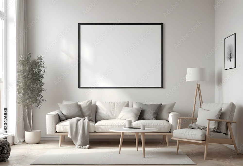 Photorealistic Frame Mockup ISO A paper size frame with a living room wall poster in a modern, white-walled interior design. 3D rendering