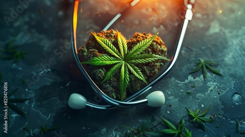 4 Stethoscope forming a heart shape with a cannabis leaf inside photo