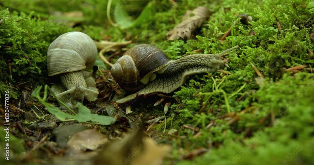 Pair of forest snails close-up shot on sunny mossy floor. Pair of forest snails close-up shot on sunny mossy floor.
