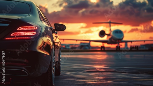 A super car and a private jet on a landing strip representing business class service at the airportand business class transfer.