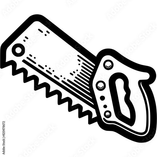 Carpenter saw with comfortable handle in monochrome. Hand saw for cutting tree branches. Simple minimalistic vector in black ink drawing on transparent background