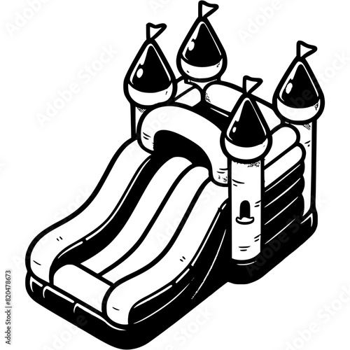 Bouncy castle with slide for children in monochrome. Fun at amusement park. Simple minimalistic vector in black ink drawing on transparent background