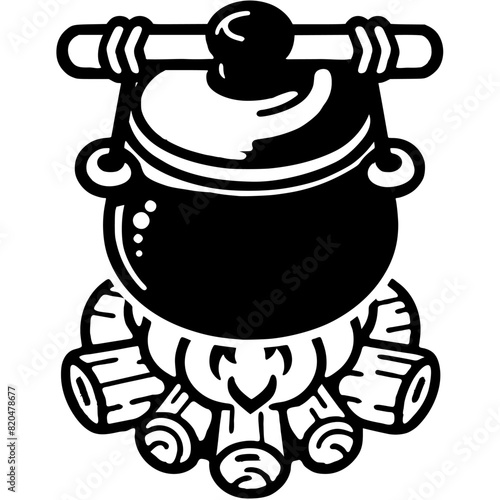 Cooking outdoors in tourist pot in monochrome. Cauldron suspended over a burning fire. Simple minimalistic vector in black ink drawing on transparent background