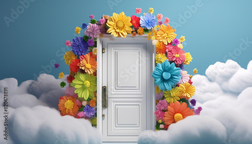 3D rendering of a white door decorated with white and gray flowers in clouds in the air