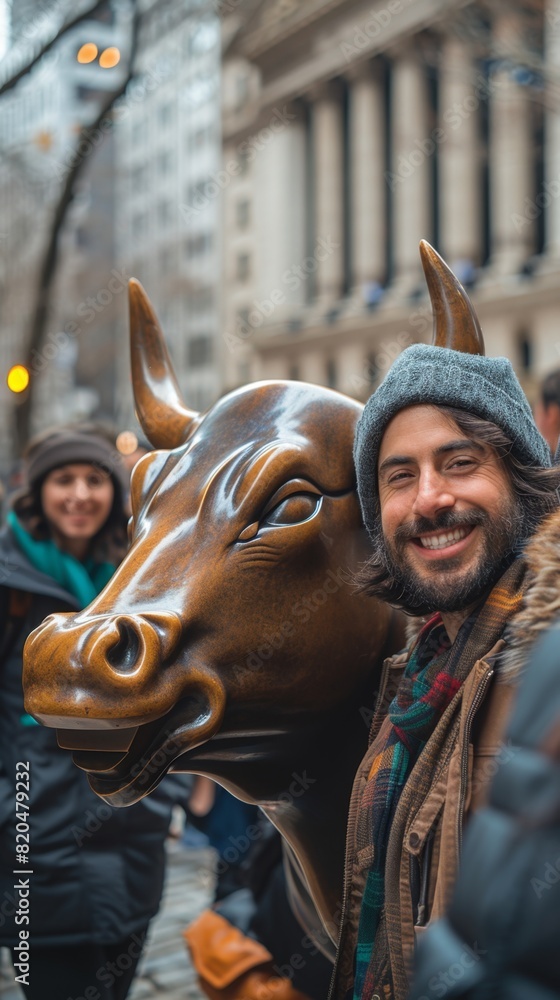 Joyful Businessman Taking Selfie with Bronze Charging Bull Statue at Stock Exchange, Digital Illustration Created with Generative AI Technology