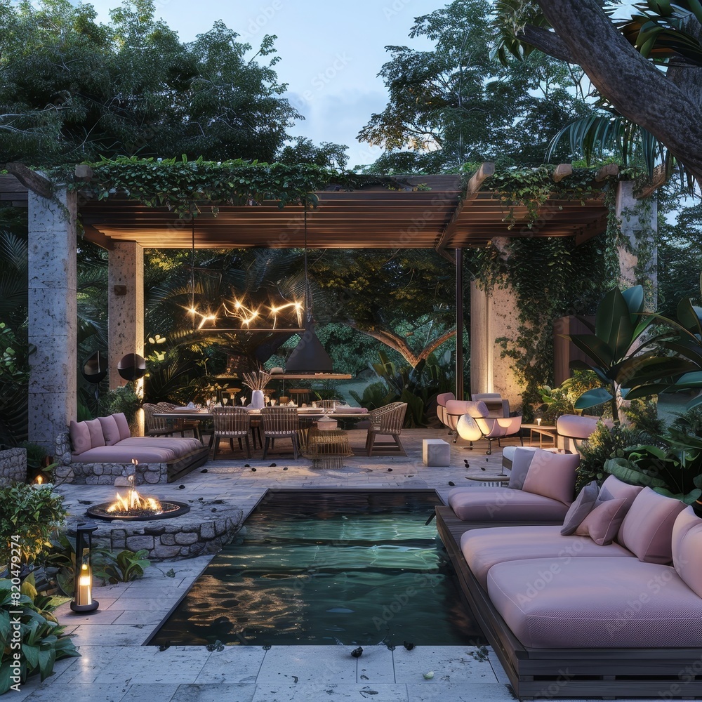 A modern outdoor living area with an unlit pool and purple and yellow couches under the shade of a wooden arbor in front of a dining table surrounded by chairs.