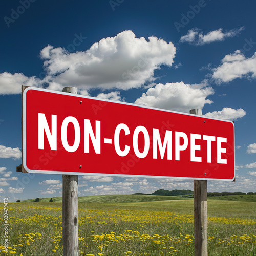 Non Compete Sign in a Field of Yellow Flowers Concept of Business Restriction and Limitation photo