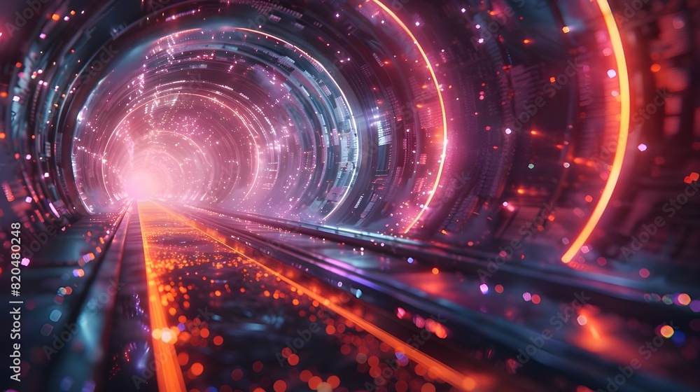 Digital tunnel of data and binary code, optical vision background, vortex illuminated by holographic energy stream, time travel and cyberspace, abstract technology innovation, modern 3d digital art. Digital tunnel of data and binary code, optical vision background, vortex illuminated by holographic energy stream, time travel and cyberspace, abstract technology innovation, modern 3d digital art.