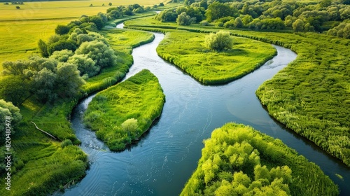 Aerial view of a meandering river through lush green countryside